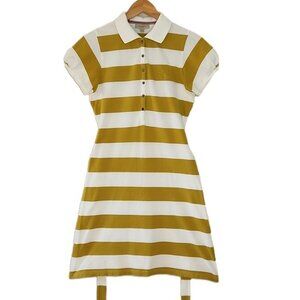 Burberry London Yellow White Striped Short Sleeve Collared Belted Dress Size M